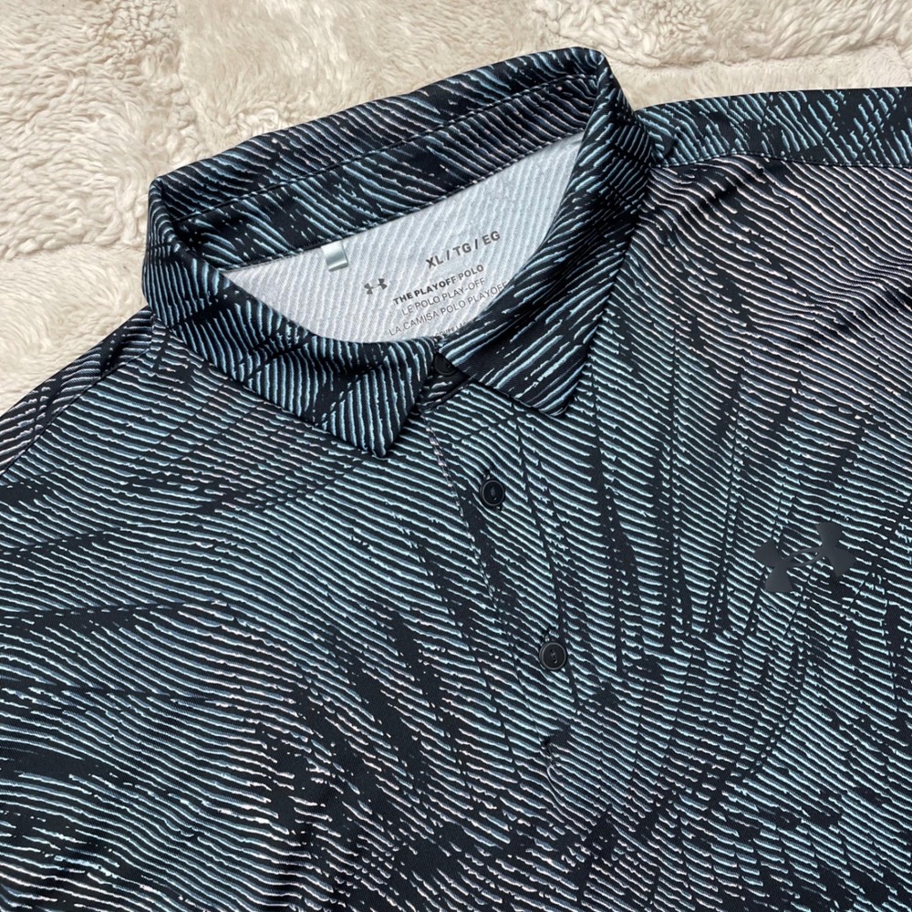 Under Armour Mens Playoff Polo Shirt XL Blue Black Palm Print Golf Loose Fit